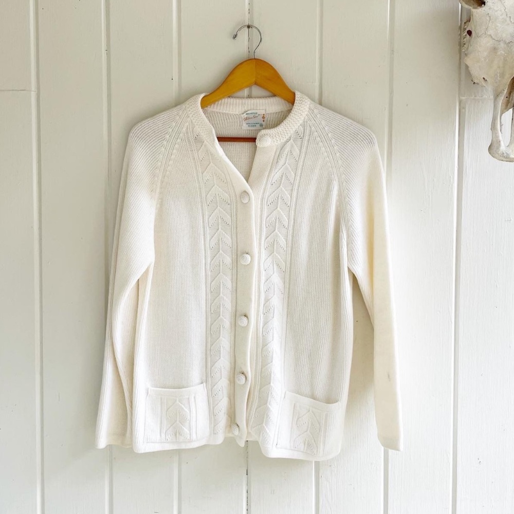 Vintage White Button Down Acrylic Cardigan/Sweater, Size Small